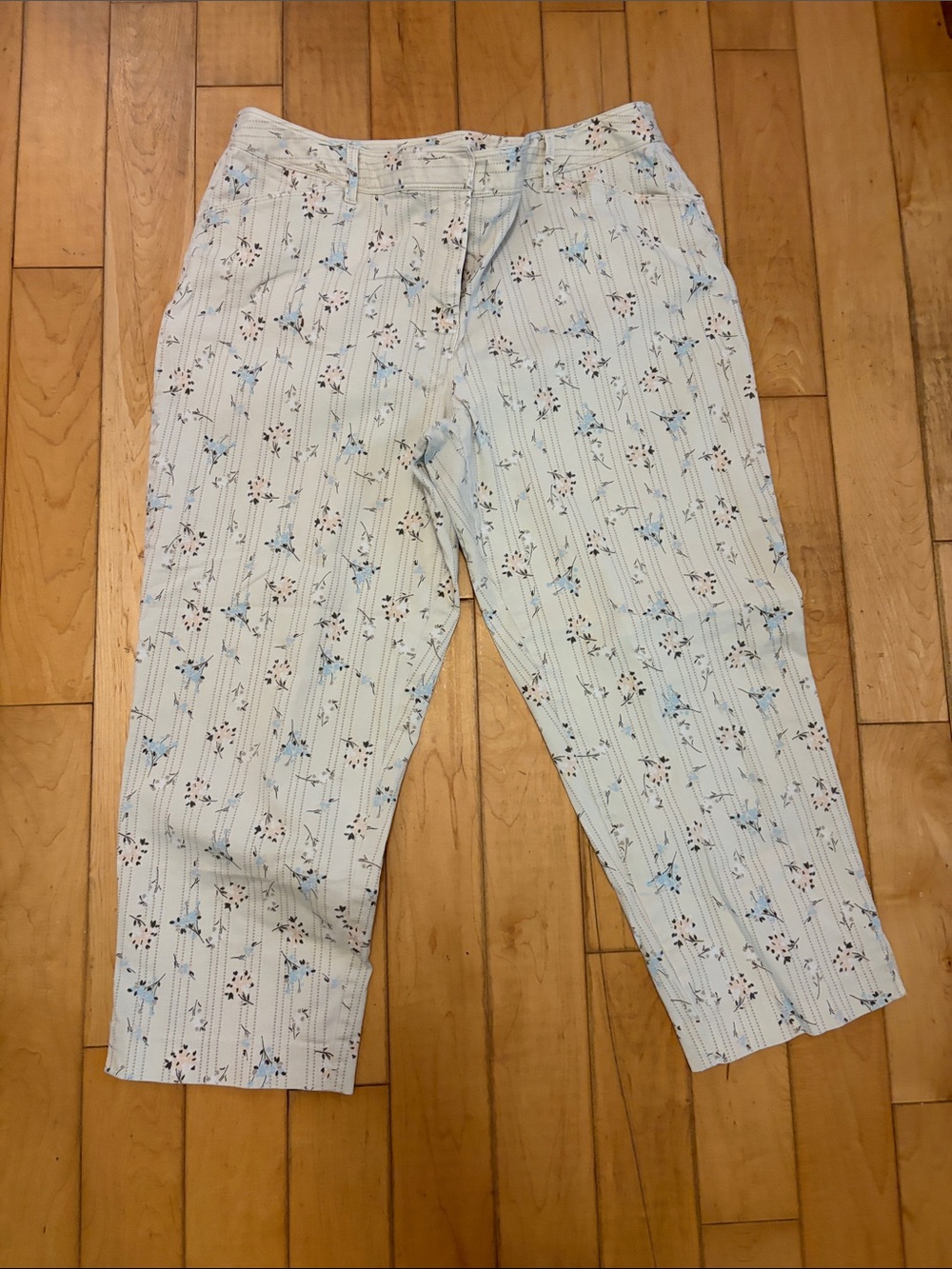 Ann Taylor Loft Stretch Cream Colored Floral Cropped Pants Women’s Size 14